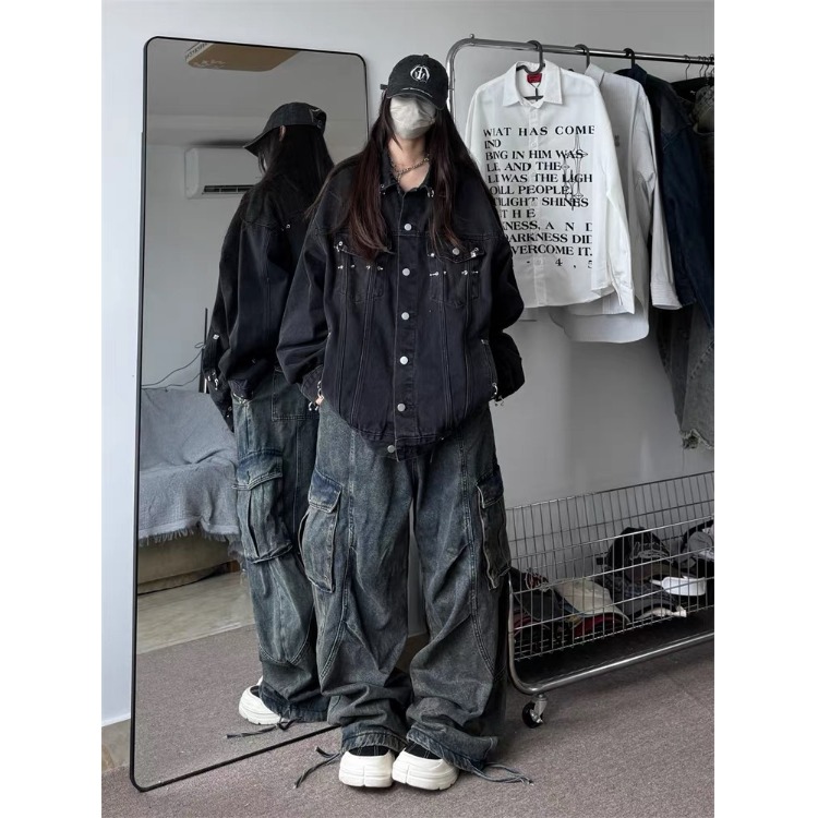 官2348-P70美式高街朋克牛仔裤春秋季街头嘻哈休闲痞帅宽松型，女装牛仔裤，电商A306-1