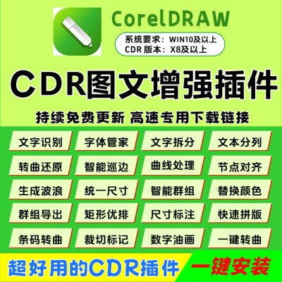 cdr插件/增强版/图文插件/一键安装/YG/转曲还原/文本分列/
