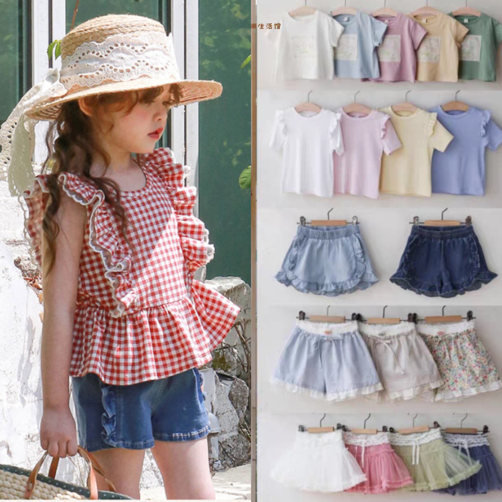 2026春夏款韩国童装草莓珊女孩粉色短袖T恤衬衫牛仔短裤气质套装