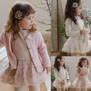 2025秋冬款韩国童装草莓珊女孩粉色开纱裙加绒卫衣裤公主气质套装