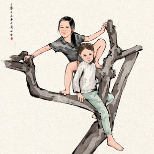 原创水墨风手绘头像定制设计漫画人物照片转绘画人像画情侣全家福