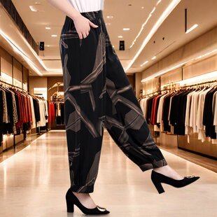 中老年妈妈高腰宽松民族风广场舞防蚊长裤 薄款 女士夏季 棉绸灯笼裤