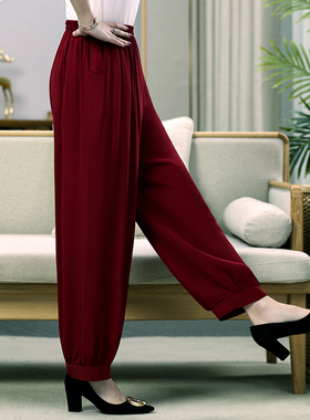 中老年人棉灯笼裤女夏季棉绸阔腿束脚裤大码印花休闲裤防蚊花裤潮