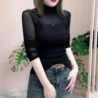 黑色半高领网纱打底小衫