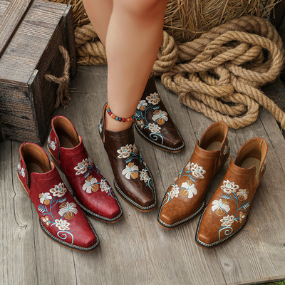 西部刺绣方头短靴民族风粗跟Embroidered square toe ankle boots