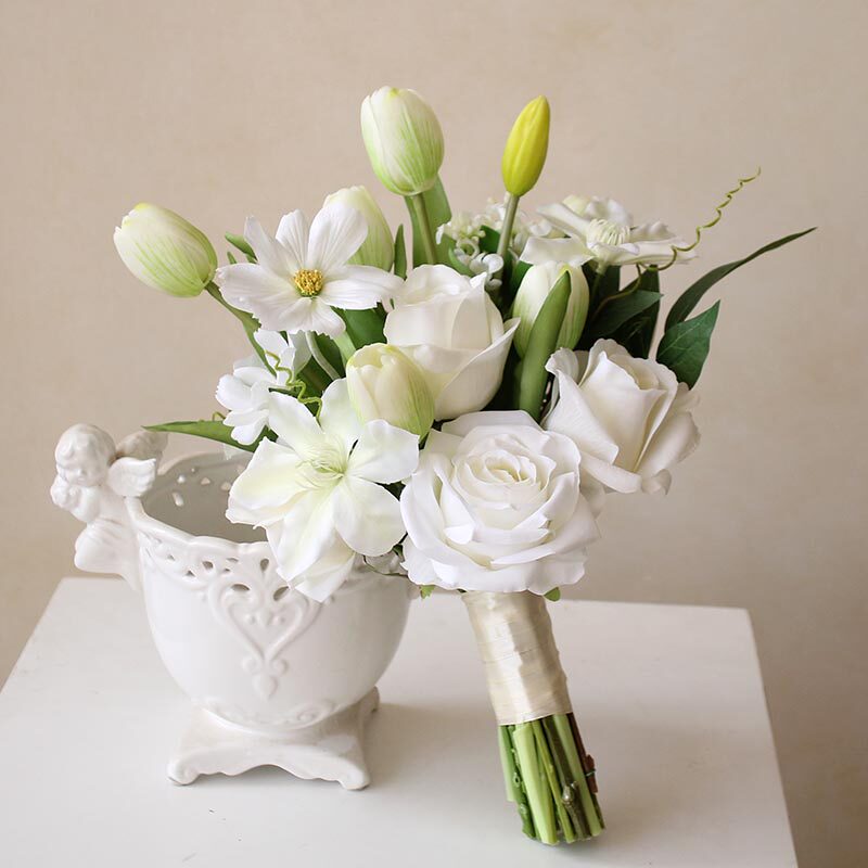 仿真花白色色系郁金香玫瑰手捧花新娘假花结婚拍照花影楼摄影道具