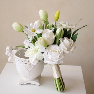 仿真花白色色系郁金香玫瑰手捧花新娘假花结婚拍照花影楼摄影道具