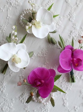 仿真花3D蝴蝶兰结婚胸花新娘伴娘手腕花绢花迎宾伴郎父母婚礼襟花