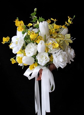 仿真花新娘结婚手捧花黄色跳舞兰婚礼拍照花艺影楼摄影道具领证花