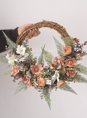 仿真花复古玫瑰波斯菊组合花艺假花莫兰迪色花环门饰墙饰创意壁挂