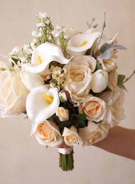 手捧花韩式新娘香槟色玫瑰 婚礼婚庆领证拍照把束花 绢花伴娘拿花