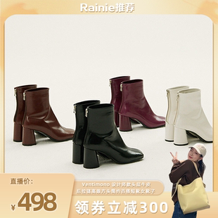 Ventimono 设计师款头层牛皮后拉链高跟方头简约百搭短靴女靴子