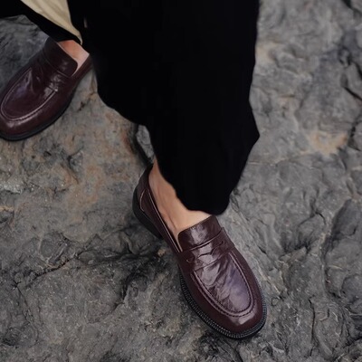 羊皮复古纯色深口乐福鞋