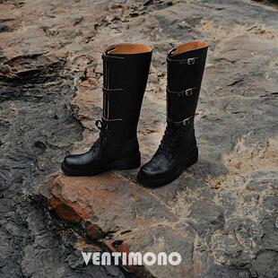 Ventimono 设计师新款秋冬秀款长靴皮带扣装饰方头高筒骑士靴