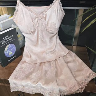 真丝睡衣吊带短裤 100%桑蚕丝重磅蕾丝花罗吊带短裤套装T2220