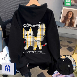 高质量连帽卫衣男女秋冬季新款卡通猫咪印花宽松加绒加厚上衣外套