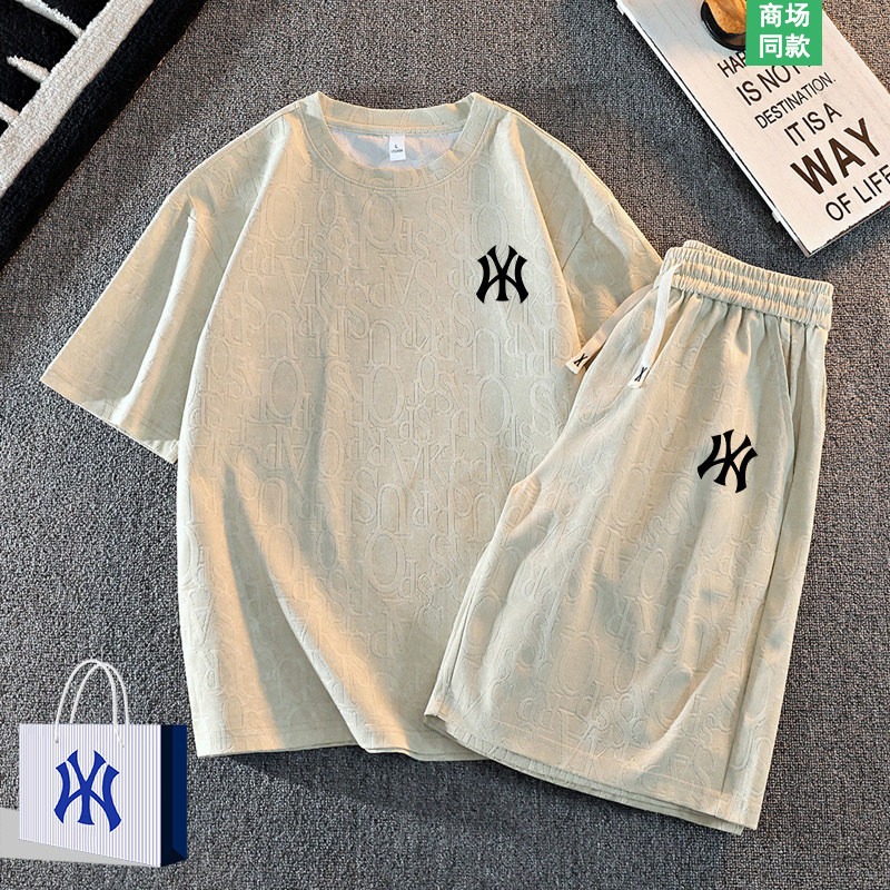 短袖短裤套装男夏季2025新款潮流帅气休闲字母提花t恤一整套衣服