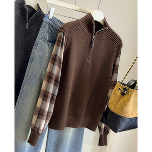 新款 女秋冬季 立领半拉链毛衣 拼接假两件针织衫 设计感复古格子衬衫