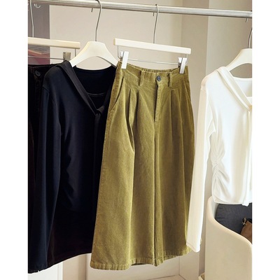 小个子灯芯绒七分阔腿裤女复古2025秋季宽松高腰百搭休闲直筒裤女