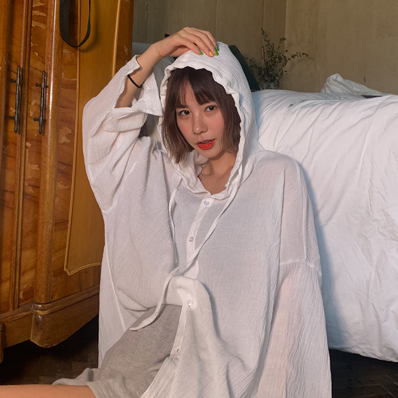 丁羊筠防晒白色衬衫女2019新款夏季薄款长袖上衣棉宽松外套韩版棉热销21件包邮