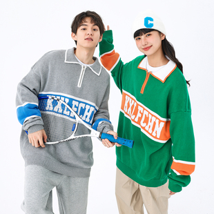 KXLFCHN半开拉链新年红毛衣男女秋冬季 宽松翻领撞色本命年针织衫