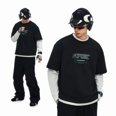 KXLFCHN空穴来风 潮牌复古假两件长袖T恤男春季百搭宽松圆领上衣