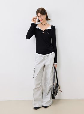 KXLFCHN空穴来风  假两件花边修身T恤休闲简约翻领百搭长袖上衣女