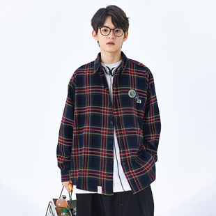 复古衬衣外套春秋季 男女宽松长袖 酒红色格子衬衫 KXLFCHN空穴来风