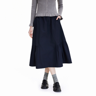 空穴来风2025冬季 拼接褶皱半裙女松紧腰带休闲长裙秋 新款