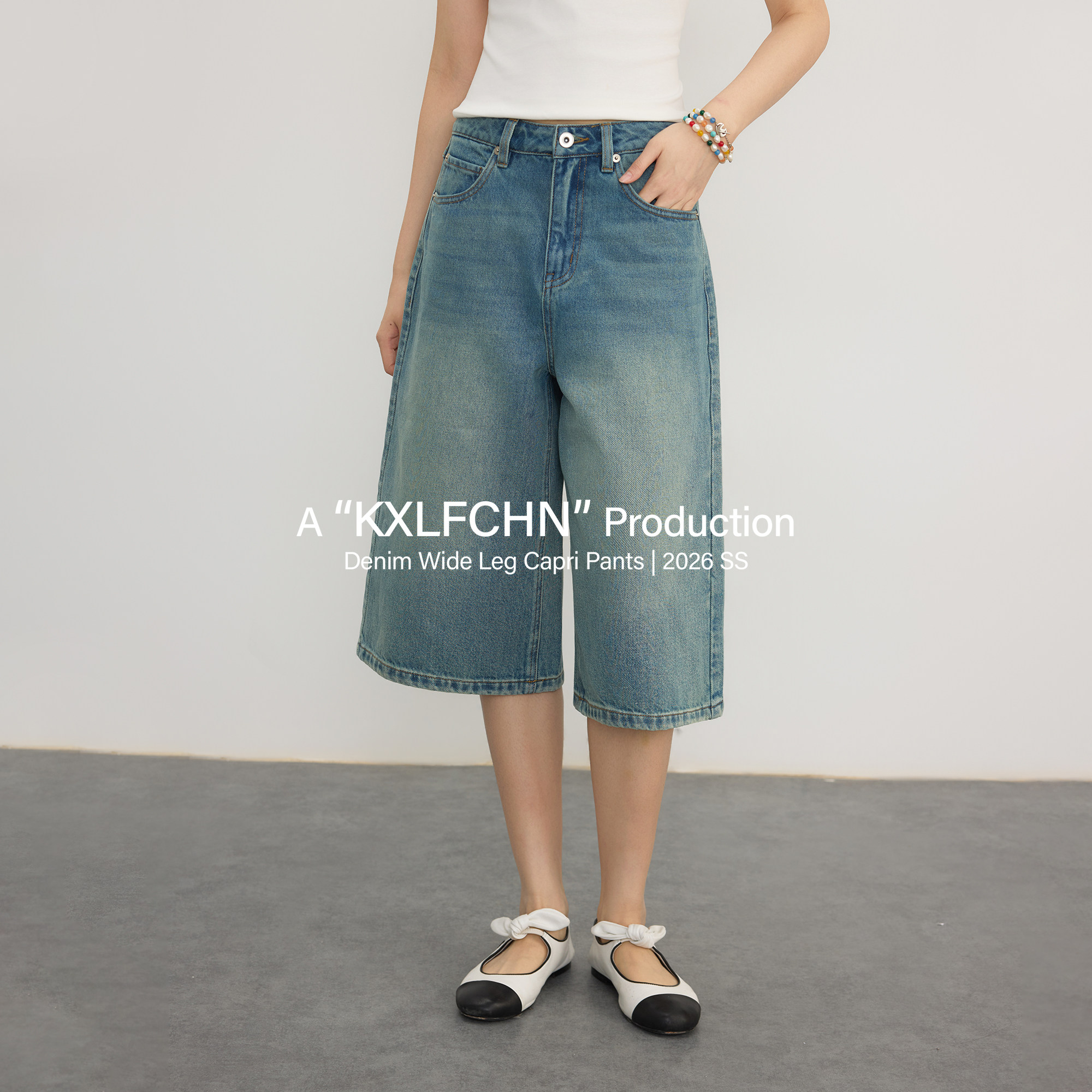 KXLFCHN空穴来风 夏日水洗蓝牛仔七分裤女高腰阔腿宽松直筒七分裤图片