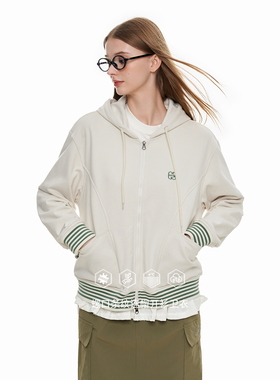 KXLFCHN空穴来风 秋季螺口条纹连帽开衫卫衣男刺绣休闲上衣外套女