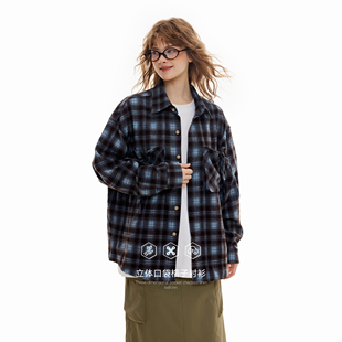 KXLFCHN空穴来风 秋季新款立体口袋格子衬衫外套男百搭长袖上衣女
