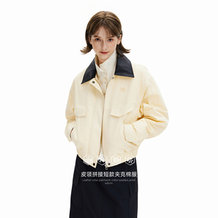 KXLFCHN空穴来风皮领拼接短款夹克棉服外套女休闲百搭翻领上衣冬