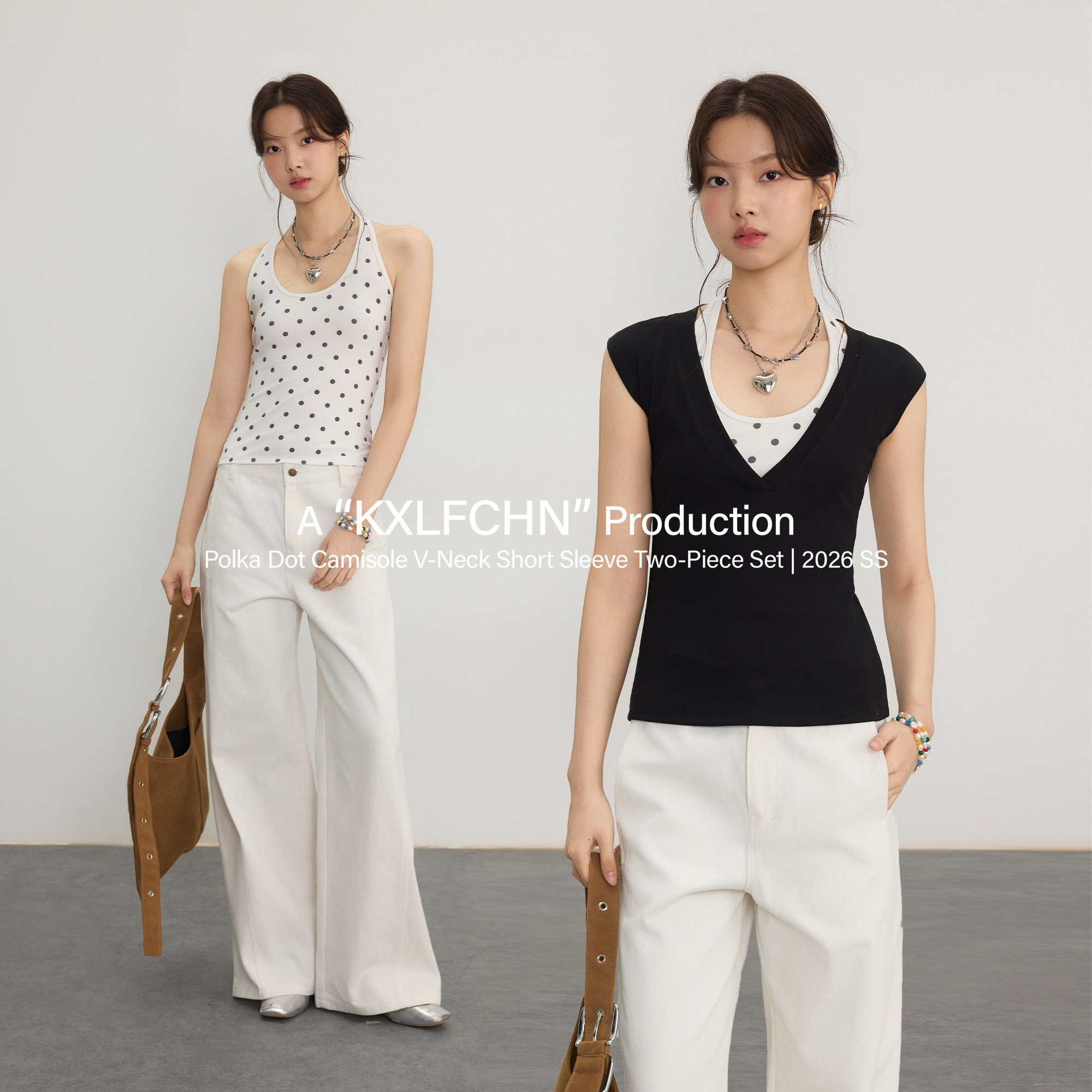 KXLFCHN空穴来风  夏季波点吊带真两件女上衣修身V领修身短袖T 恤图片