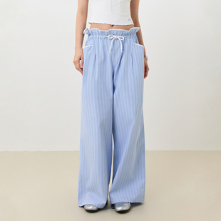 春夏条纹直筒阔腿显瘦女 花边拼接休闲裤 KXLFCHN 空穴来风竖条纹裤