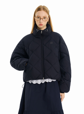 KXLFCHN空穴来风冬季新款菱形格短款抽绳棉服美式复古立领外套女