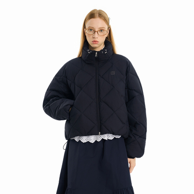 KXLFCHN空穴来风冬季新款菱形格短款抽绳棉服美式复古立领外套女