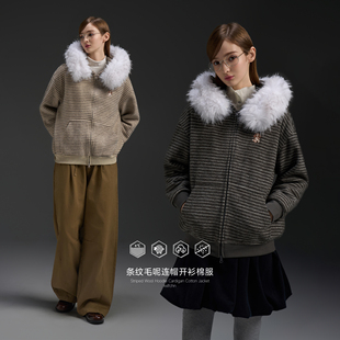 KXLFCHN空穴来风 条纹羊毛呢毛领连帽开衫棉服加绒外套美式上衣女