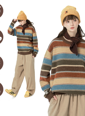 KXLFCHN空穴来风 撞色条纹毛衣男女冬季复古圆领套头针织长袖上衣