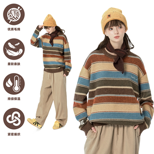 上衣 复古圆领套头针织长袖 KXLFCHN空穴来风 撞色条纹毛衣男女冬季