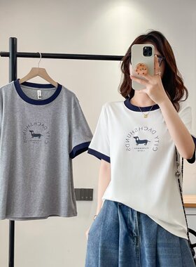大码胖mm夏季新款撞色印花圆领短袖T恤宽松百搭显瘦上衣2090