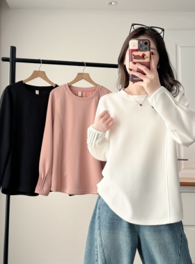大码女装褶皱圆领设计感春季拼接吸汗T恤纯色女通勤长袖休闲2608