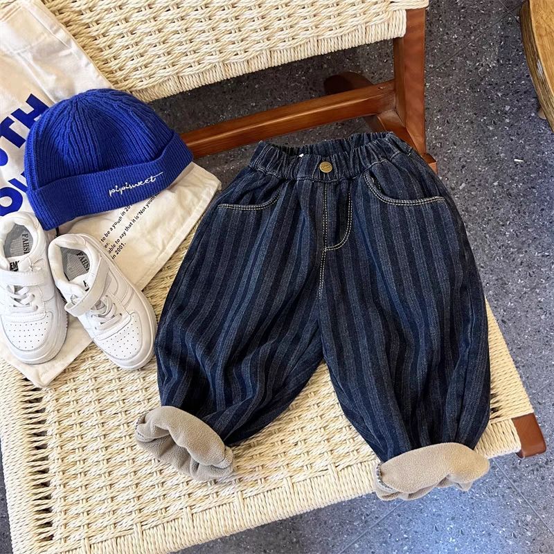 豆丁工坊男童加绒牛仔裤条纹秋冬季加厚一体绒男宝宝宽松韩版儿童