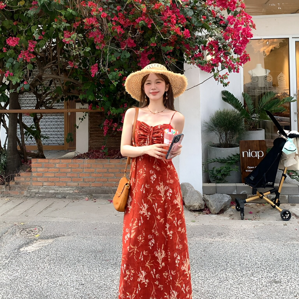 Y.JIA 伊嘉-日颂海边度假连衣裙红色碎花吊带长裙连衣裙YS6-2213