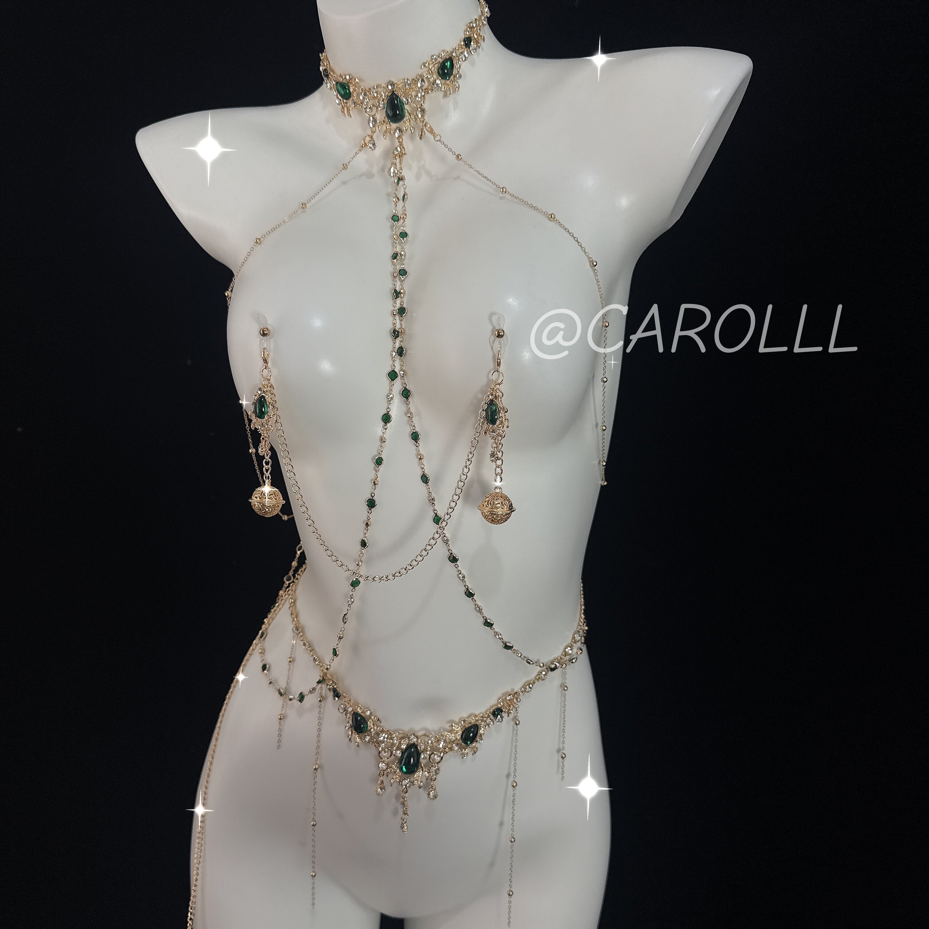 CAROLLL祖母绿鎏金身体链项圈ru环性感全身链腰链复古高级感