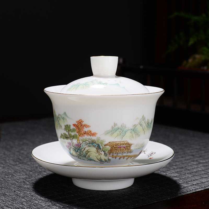 羊脂玉三才盖碗带盖泡茶杯单个茶碗景德镇茶具大号德化精品不烫手