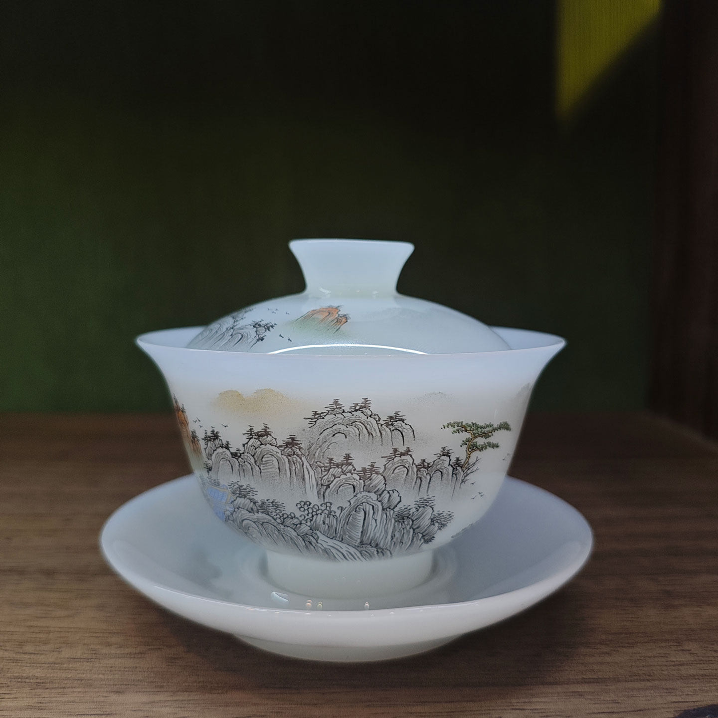 璞玉中国风手绘山水画白瓷盖碗陶瓷茶具泡茶碗茶杯中式家用高颜值