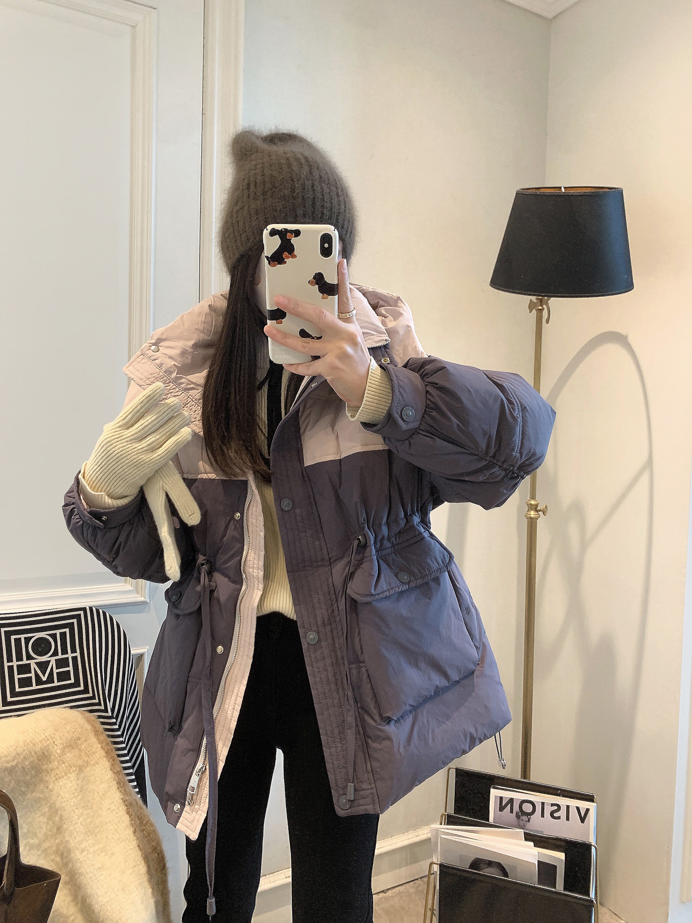 羽绒服女冬季2023新款女装时尚美拉德撞色连帽抽绳收腰白鸭绒外套