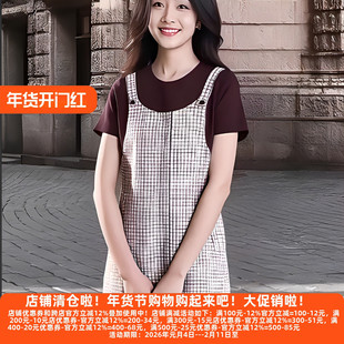 丽新折扣女装 H海 系列25景L夏装 汉派假2件套圆领格子连衣裙