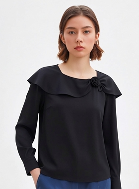 丽新折扣女装 M魅系列26春装30年老品牌高端荷叶边花朵缎面雪纺衫